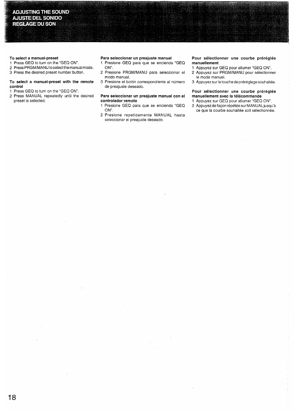 To select a manual-preset, To select a manual-preset with the remote control, Para seleccionar un preajuste manual | Para seleccionar un preajuste manual con el | Sony SX-N737 User Manual | Page 18 / 72