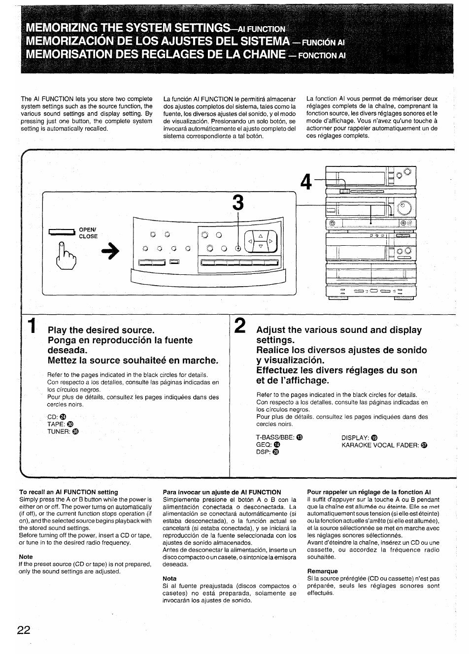 Play the desired source, Ponga en reproducción la fuente deseada, Mettez la source souhaiteé en marche | Adjust the various sound and dispiay settings, To recall an ai function setting, Note, Para invocar un ajuste de al function, Nota, Pour rappeler un réglage de la fonction al, Remarque | Sony SX-N737 User Manual | Page 22 / 72