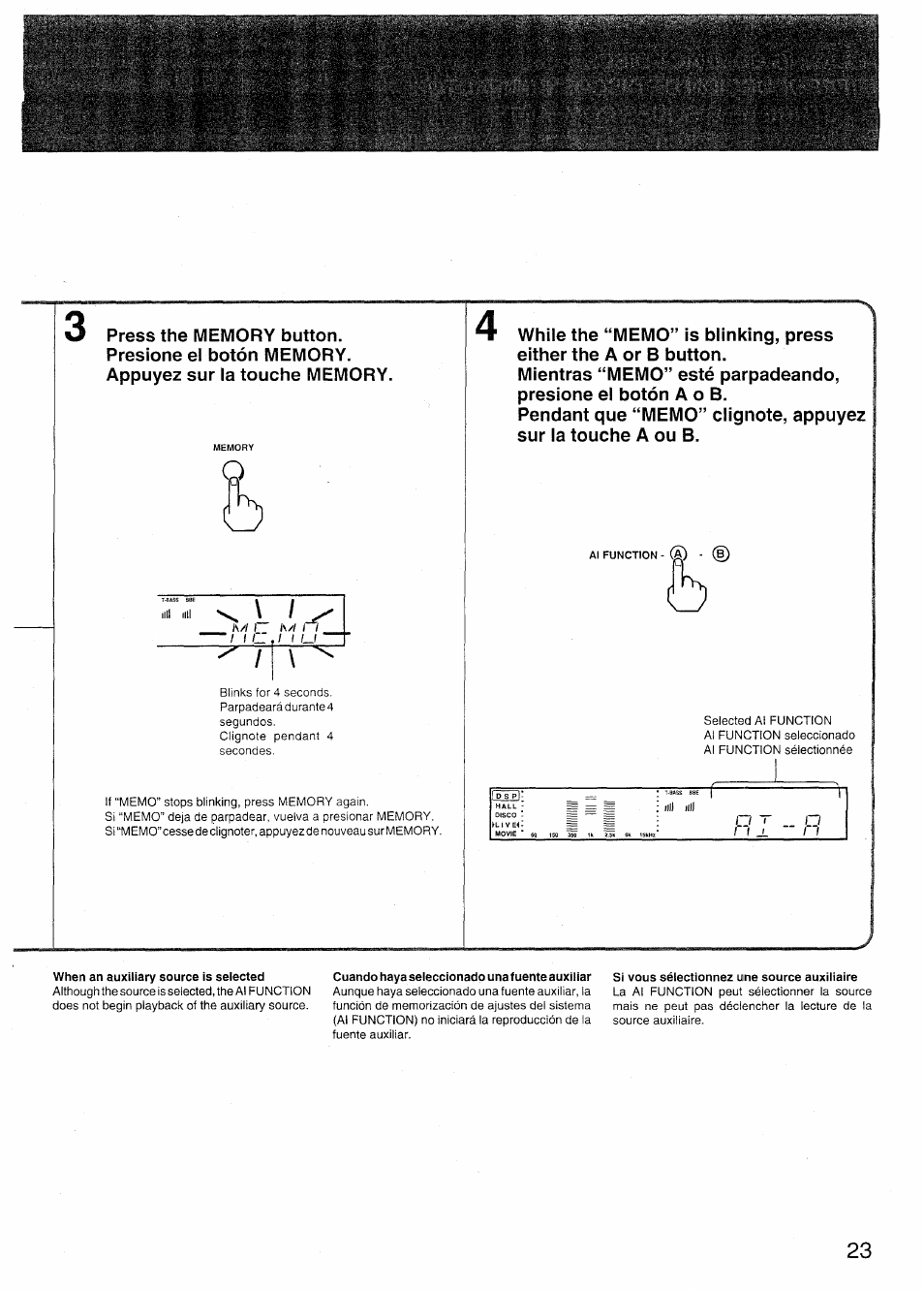 When an auxiliary source is selected, Cuando haya seleccionado unafuente auxiliar, Si vous sélectionnez une source auxiliaire | Sony SX-N737 User Manual | Page 23 / 72