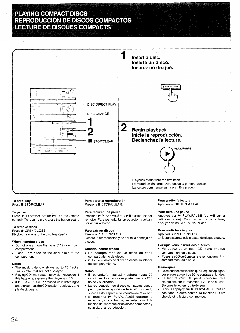 To stop play, To pause, To remove discs | When inserting discs, Notes, Para parar la reproducción, Para realizar una pausa, Para extraer discos, Cuando inserte discos, Notas | Sony SX-N737 User Manual | Page 24 / 72