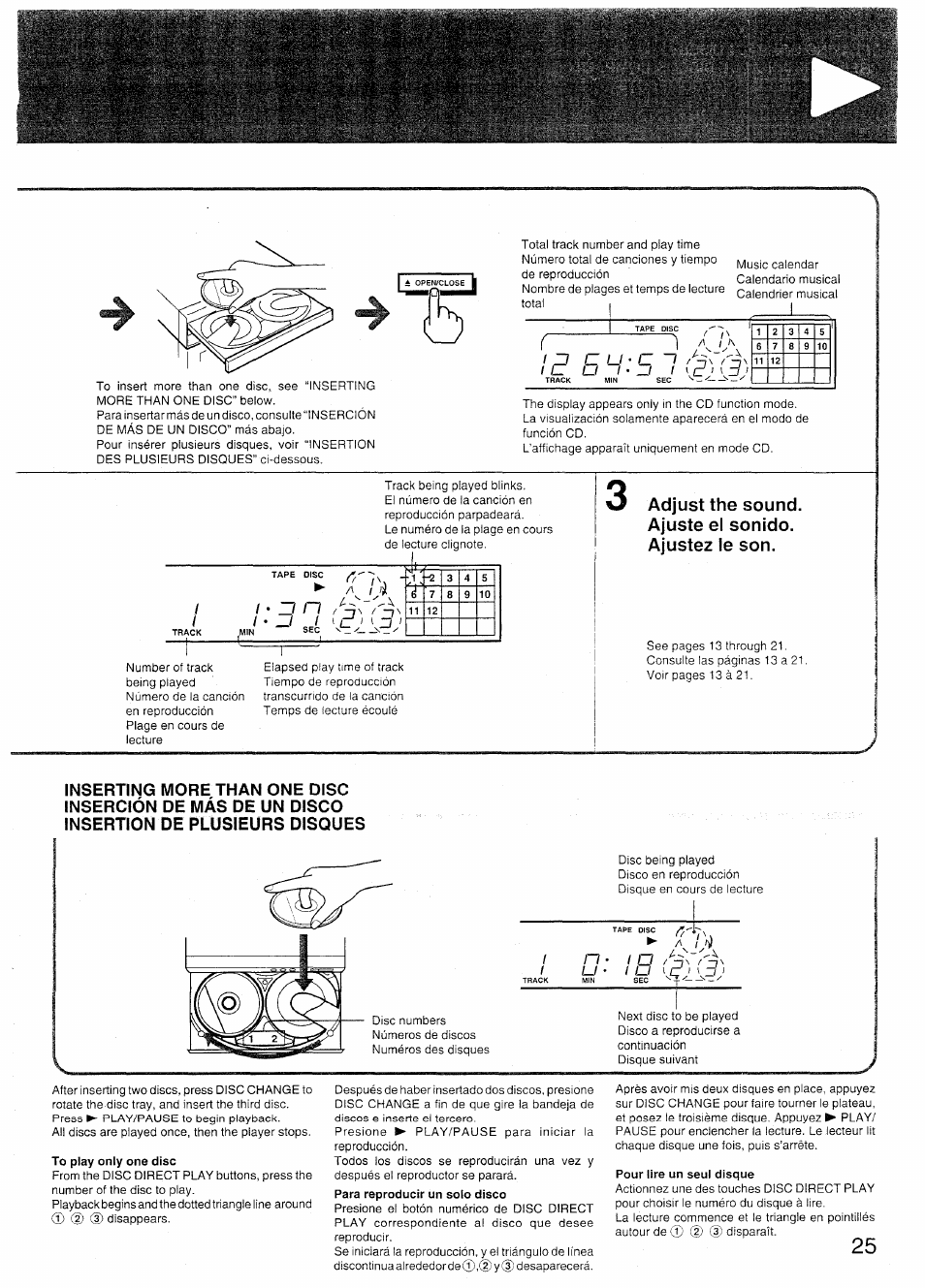 To play only one disc, Pour lire un seul disque, Zi n | Adjust the sound. ajuste el sonido. ajustez le son | Sony SX-N737 User Manual | Page 25 / 72