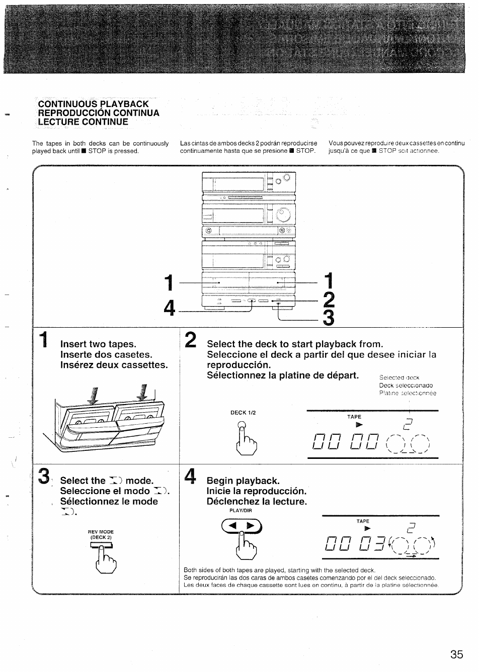 Continuous playback, Reproducción continua, Lecture continue | Reproducción de cintas | Sony SX-N737 User Manual | Page 35 / 72