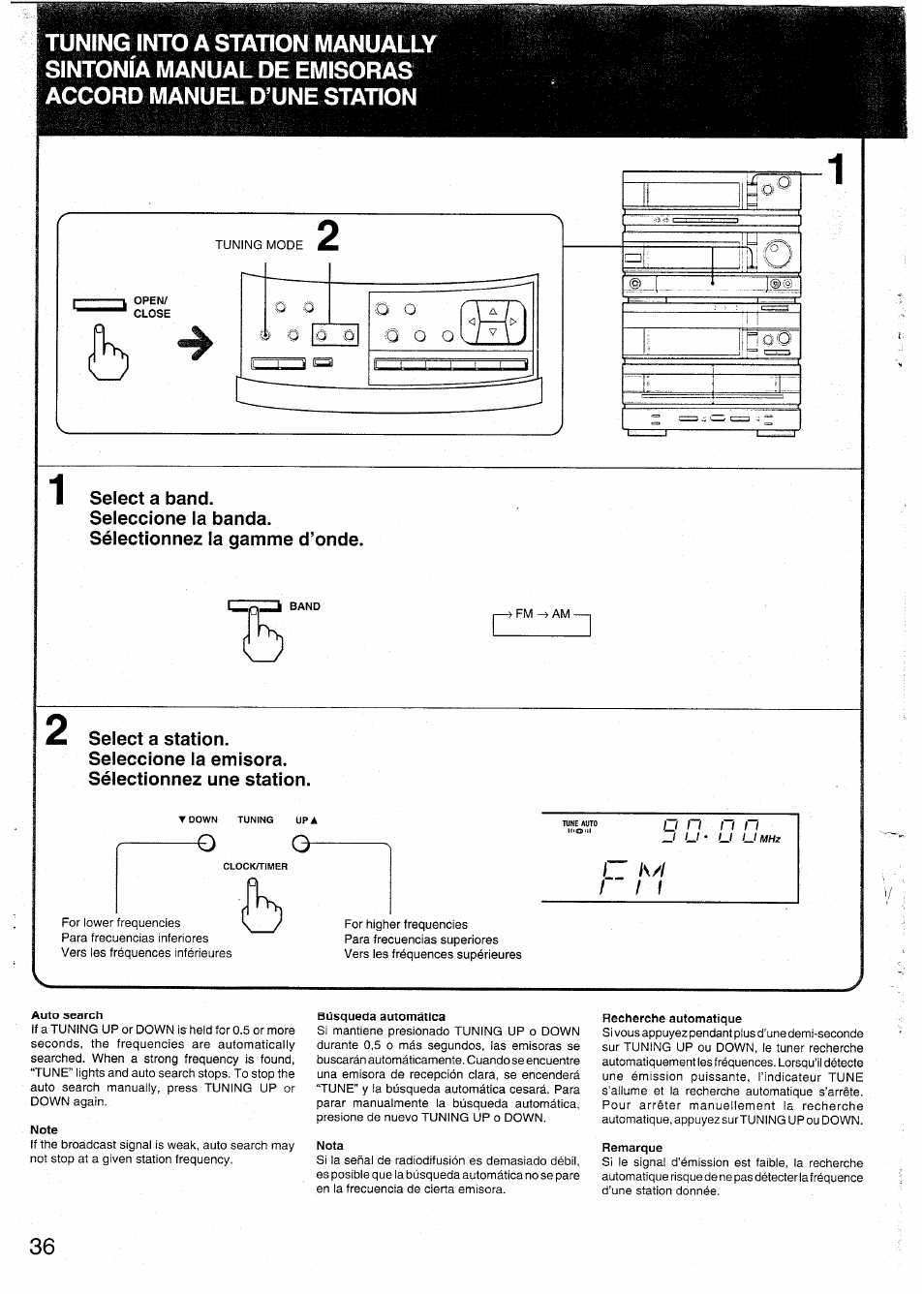 Note, Búsqueda automática, Nota | Recherche automatique, Remarque | Sony SX-N737 User Manual | Page 36 / 72