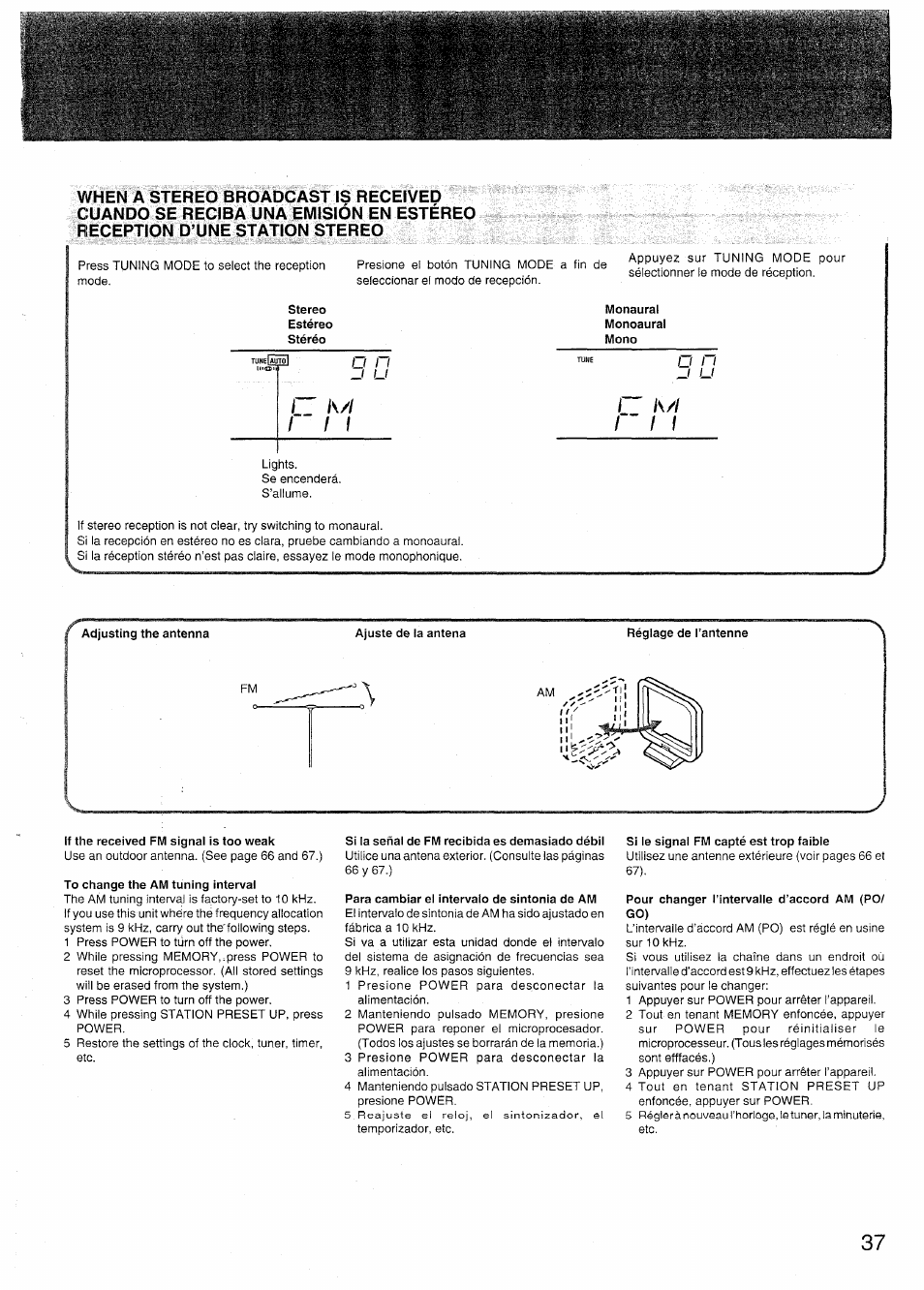 Stereo, If the received fm signal is too weak, To change the am tuning interval | Si la señal de fm recibida es demasiado débil, Para cambiar el intervalo de sintonia de am, Si le signal fm capté est trop faible, Pour changer l’intervalle d’accord am (po/ go) | Sony SX-N737 User Manual | Page 37 / 72