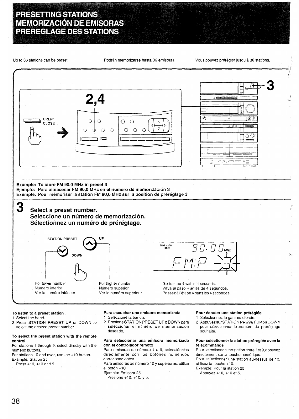 Example: to store fm 90.0 mhz in preset 3, Select a preset number, To listen to a preset station | Para escuchar una emisora memorizada, Pour écouter une station préréglée | Sony SX-N737 User Manual | Page 38 / 72