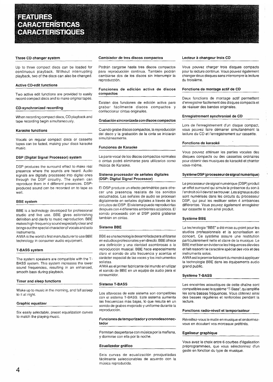 Active cd-edit functions, Cd-synchronized recording, Karaoke functions | Dsp (digital signal processor) system, Bbe system, T-bass system, Timer and sleep functions, Graphic equalizer, Funciones de edición activa de discos compactos, Grabación sincronizada con discos compactos | Sony SX-N737 User Manual | Page 4 / 72