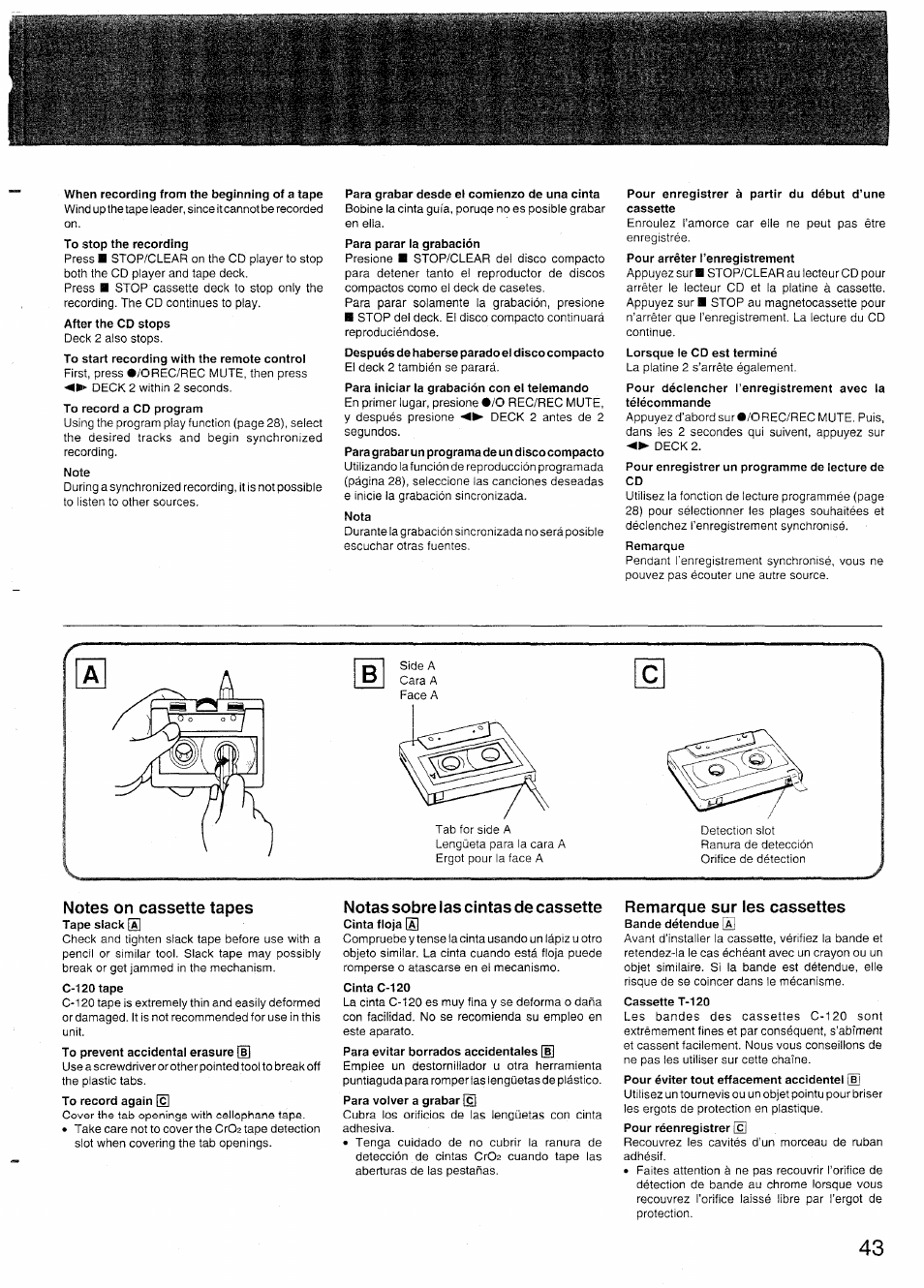 When recording from the beginning of a tape, Note, Para grabar desde el comienzo de una cinta | Nota, Pour enregistrer à partir du début d’une cassette, Pour enregistrer un programme de lecture de cd, Notes on cassette tapes, Notas sobre las cintas de cassette, Cinta c-120, Remarque sur les cassettes | Sony SX-N737 User Manual | Page 43 / 72