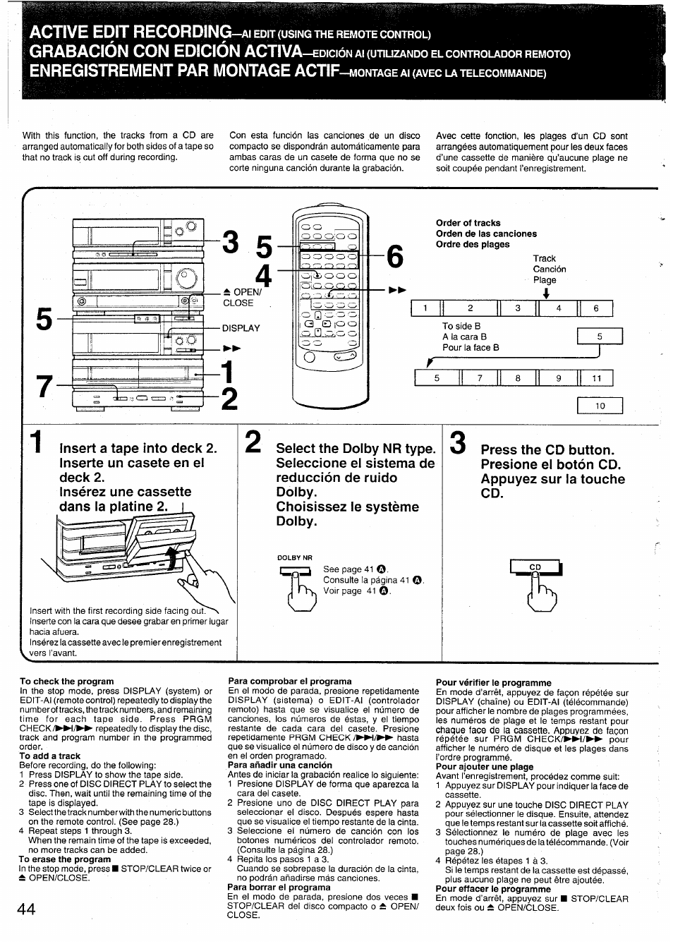 To check the program, Para comprobar el programa, Pour vérifier le programme | Active edit recording, Grabación con edición activa, Enregistrement par montage, Actif | Sony SX-N737 User Manual | Page 44 / 72