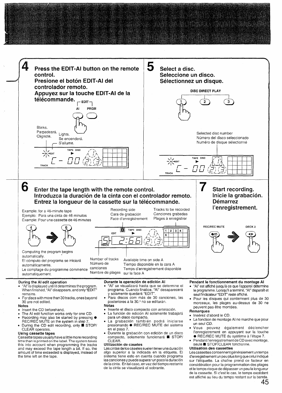 During the al edit operation, Durante la operación de edición al, Pendant le fonctionnement du montage al | Sony SX-N737 User Manual | Page 45 / 72