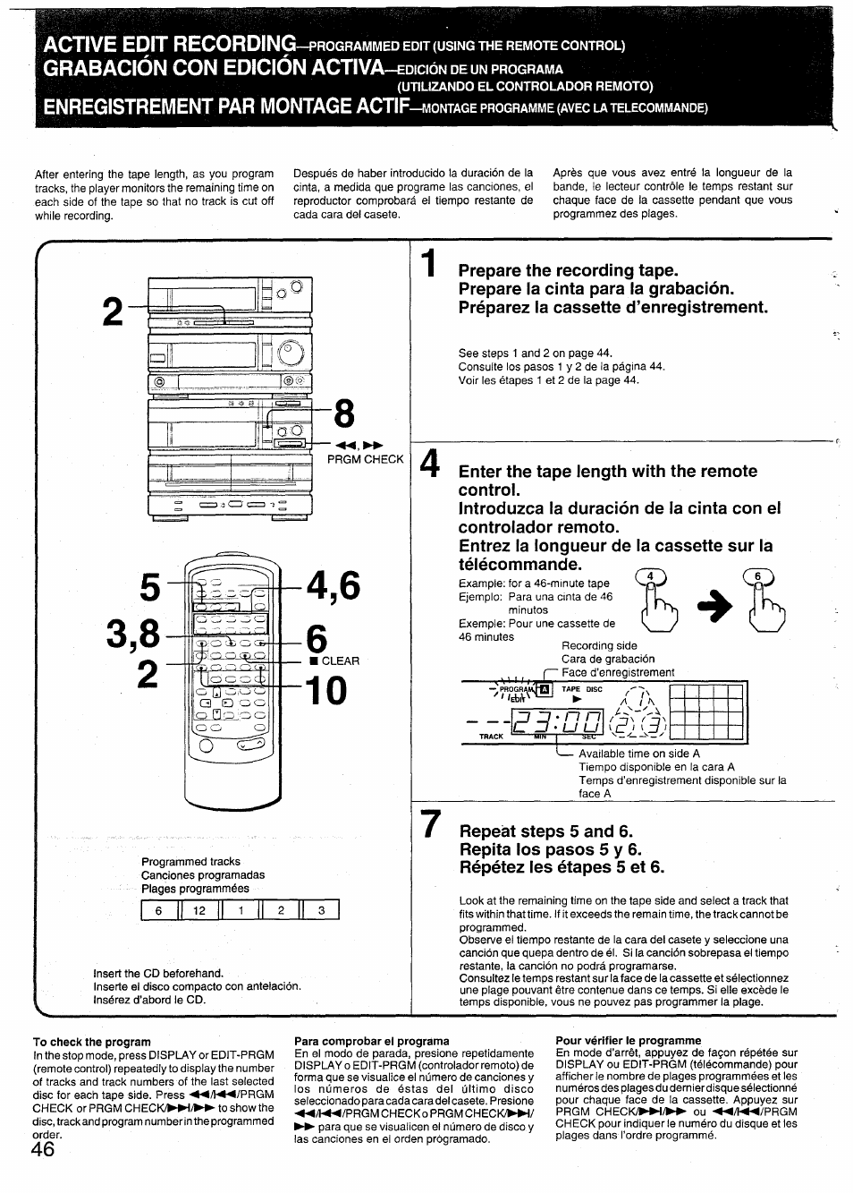 To check the program, Para comprobar el programa, Pour vérifier le programme | Active edit recording, Grabación con edición, Enregistrement par montage actif | Sony SX-N737 User Manual | Page 46 / 72