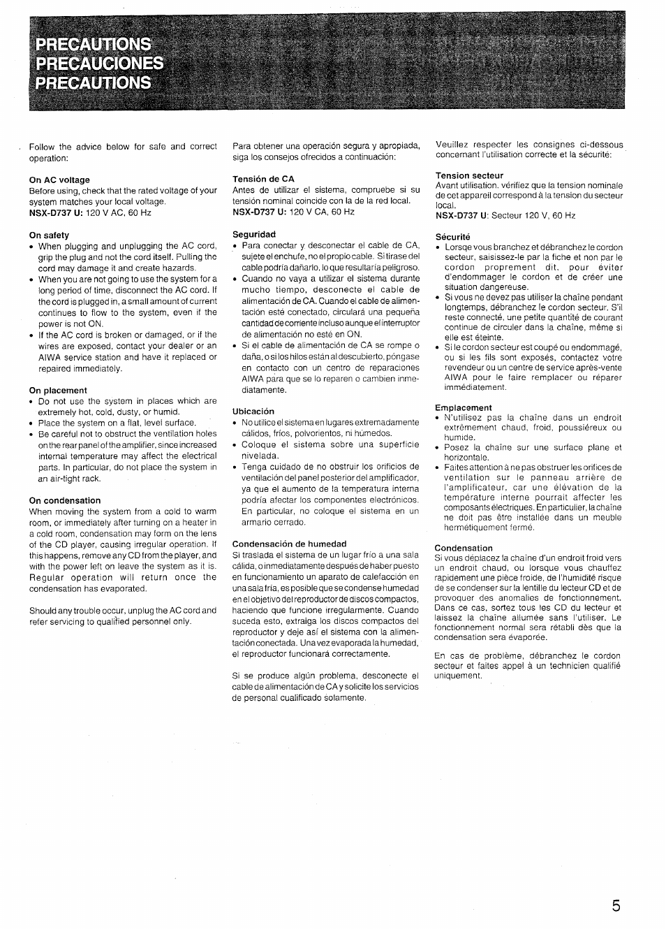 On ac voltage, On safety, On placement | On condensation, Tensión de ca, Seguridad, Ubicación, Condensación de humedad, Tension secteur, Emplacement | Sony SX-N737 User Manual | Page 5 / 72