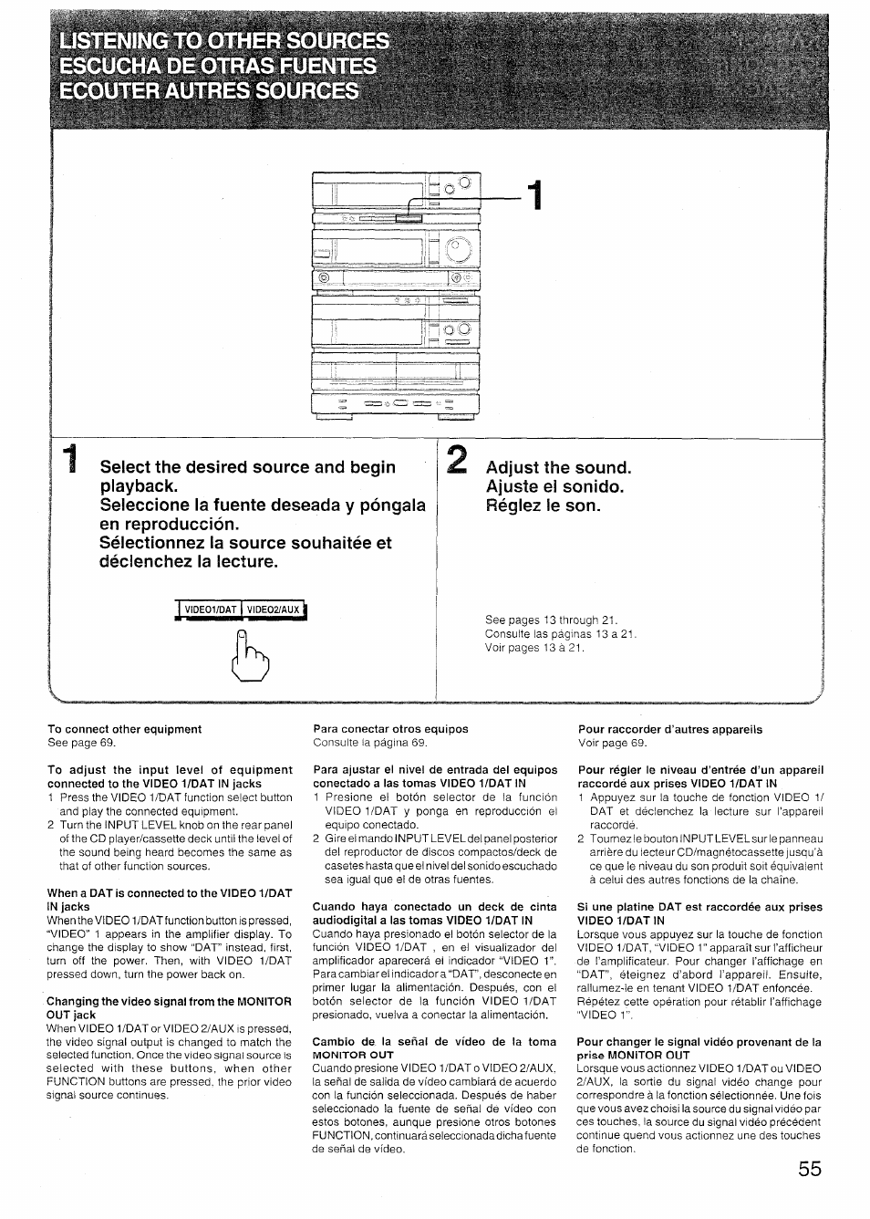 Stening to other sour' escucha de otras puent, 5,'i, M' lrc^íp:}i¿>:'í ) | Adjust the sound. ajuste el sonido. réglez le son | Sony SX-N737 User Manual | Page 55 / 72