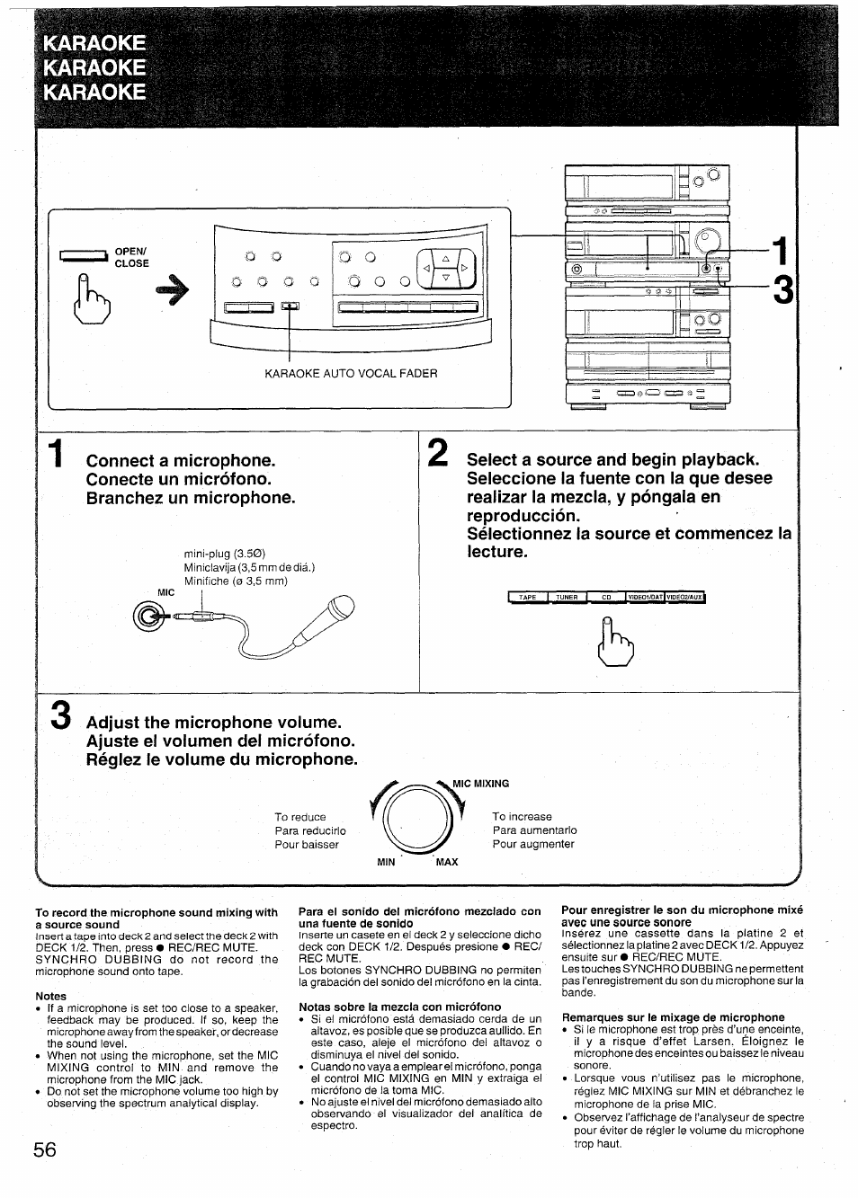 Oke oke karaoke, To record the microphone sound mixing with, A source sound | Notes, Notas sobre la mezcla con micrófono, Remarques sur le mixage de microphone, Oke karaoke, 0 o o 0 | Sony SX-N737 User Manual | Page 56 / 72