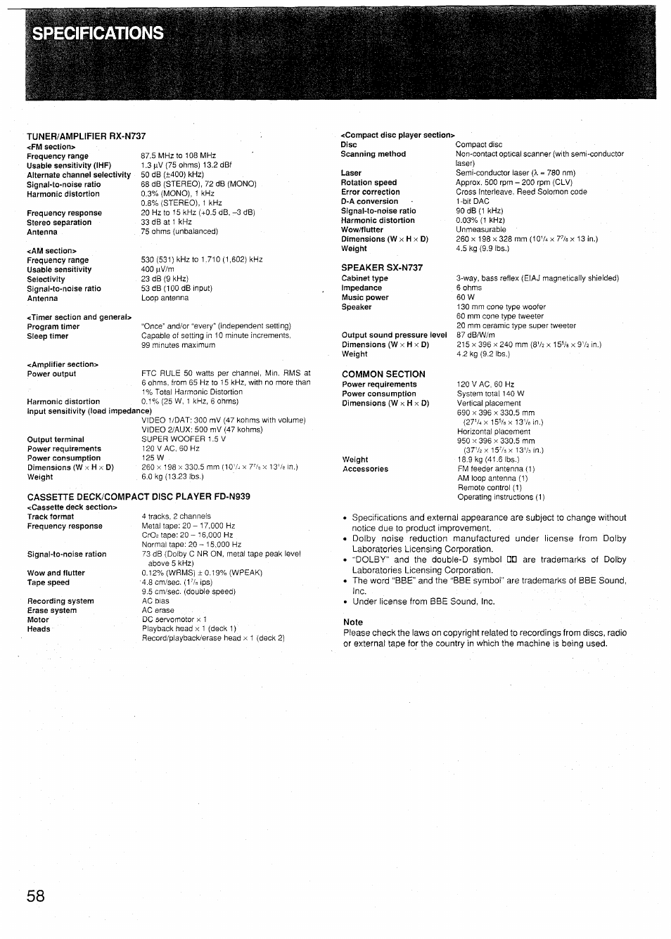 Specifications, Tuner/amplifier rx-n737, Cassette deck/compact disc player fd-n939 | Speaker sx-n737, Note | Sony SX-N737 User Manual | Page 58 / 72