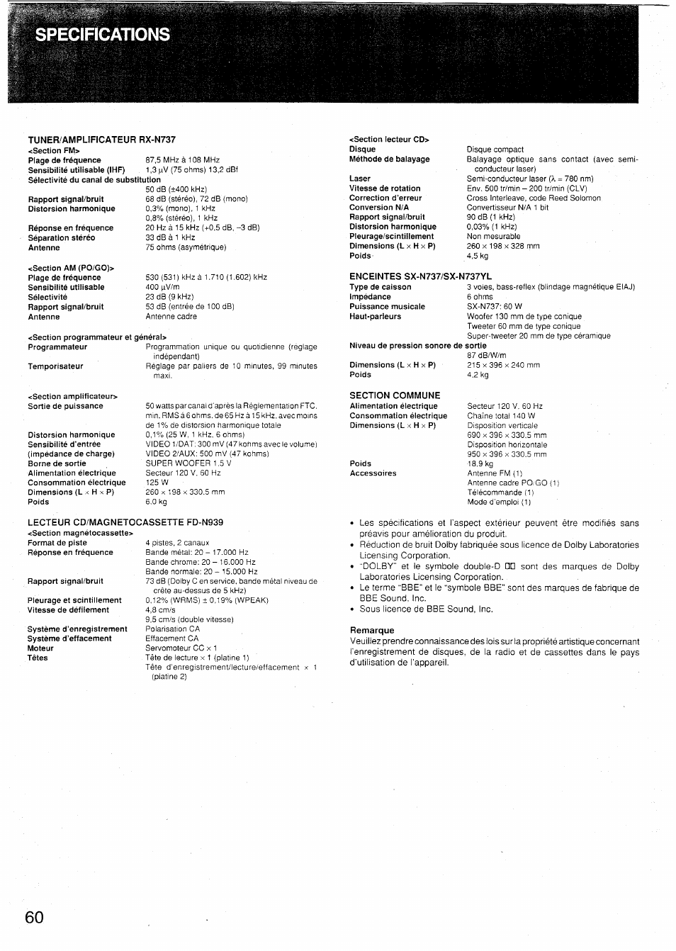 Specifications, Tuner/amplificateur rx-n737, Enceintes sx-n737/sx-n737yl | Section commune, Lecteur cd/magnetocassette fd-n939, Remarque, Especificaciones | Sony SX-N737 User Manual | Page 60 / 72