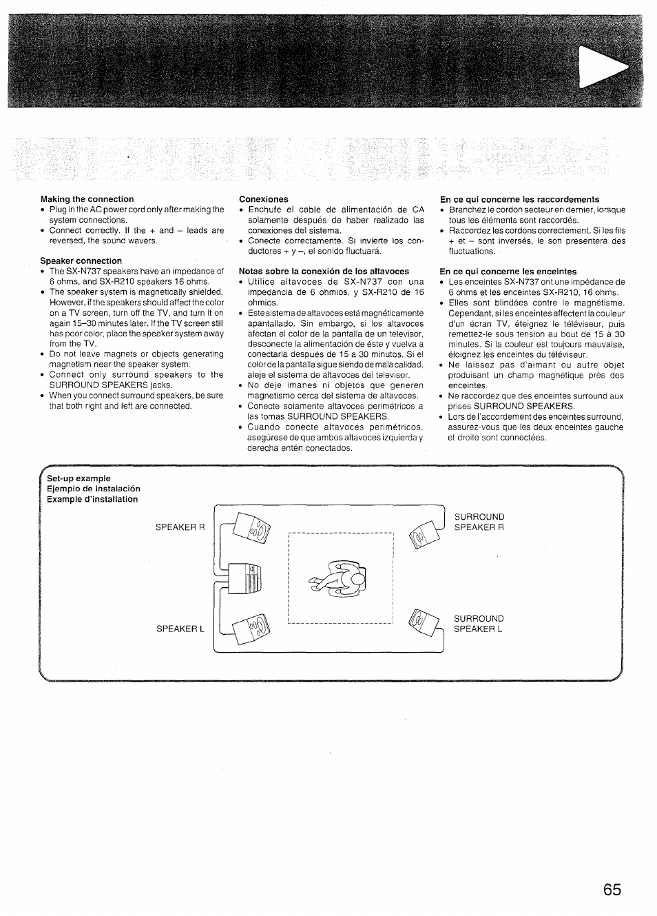 Making the connection, Speaker connection, Conexiones | Notas sobre la conexión de los altavoces, En ce qui concerne les raccordements, En ce qui concerne les enceintes | Sony SX-N737 User Manual | Page 65 / 72