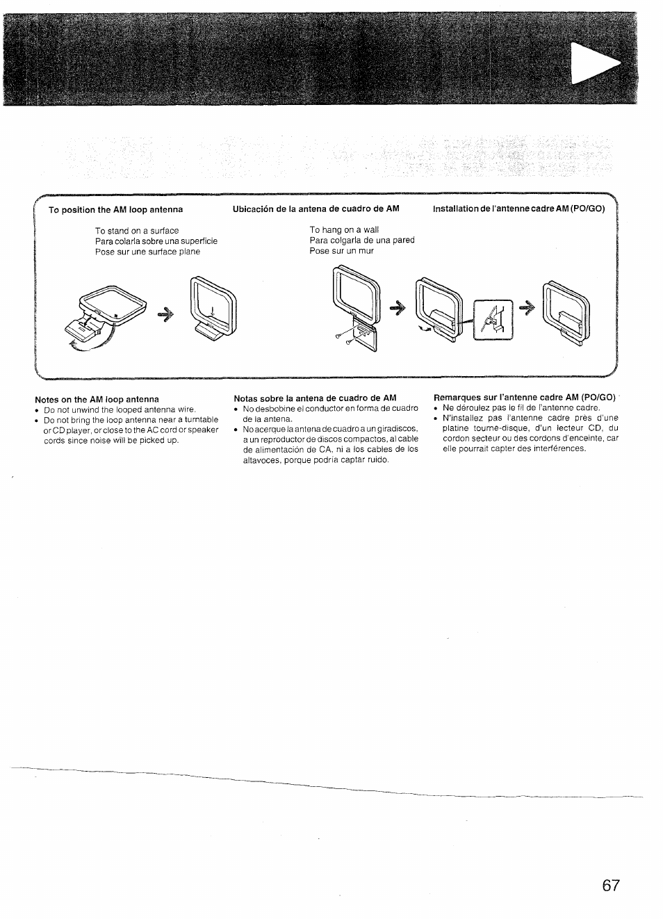 Notes on the aiw loop antenna, Notas sobre la antena de cuadro de am, Remarques sur l’antenne cadre am (po/go) | Sony SX-N737 User Manual | Page 67 / 72