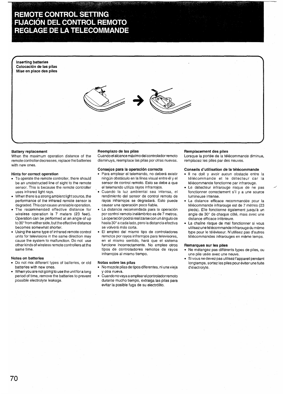 Battery replacement, Hints for correct operation, Notes on batteries | Reemplazo de las pilas, Consejos para la operación correcta, Notas sobre las pilas, Remplacement des piles, Conseils d’utilisation de la télécommande, Remarques sur les piles | Sony SX-N737 User Manual | Page 70 / 72