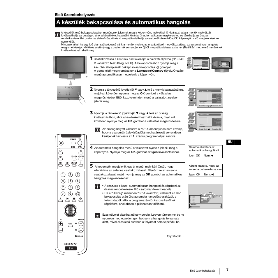 A készülék bekapcsolása és automatikus hangolás, 7hu első üzembehelyezés | Sony Grand Wega KF-50SX100K User Manual | Page 102 / 193