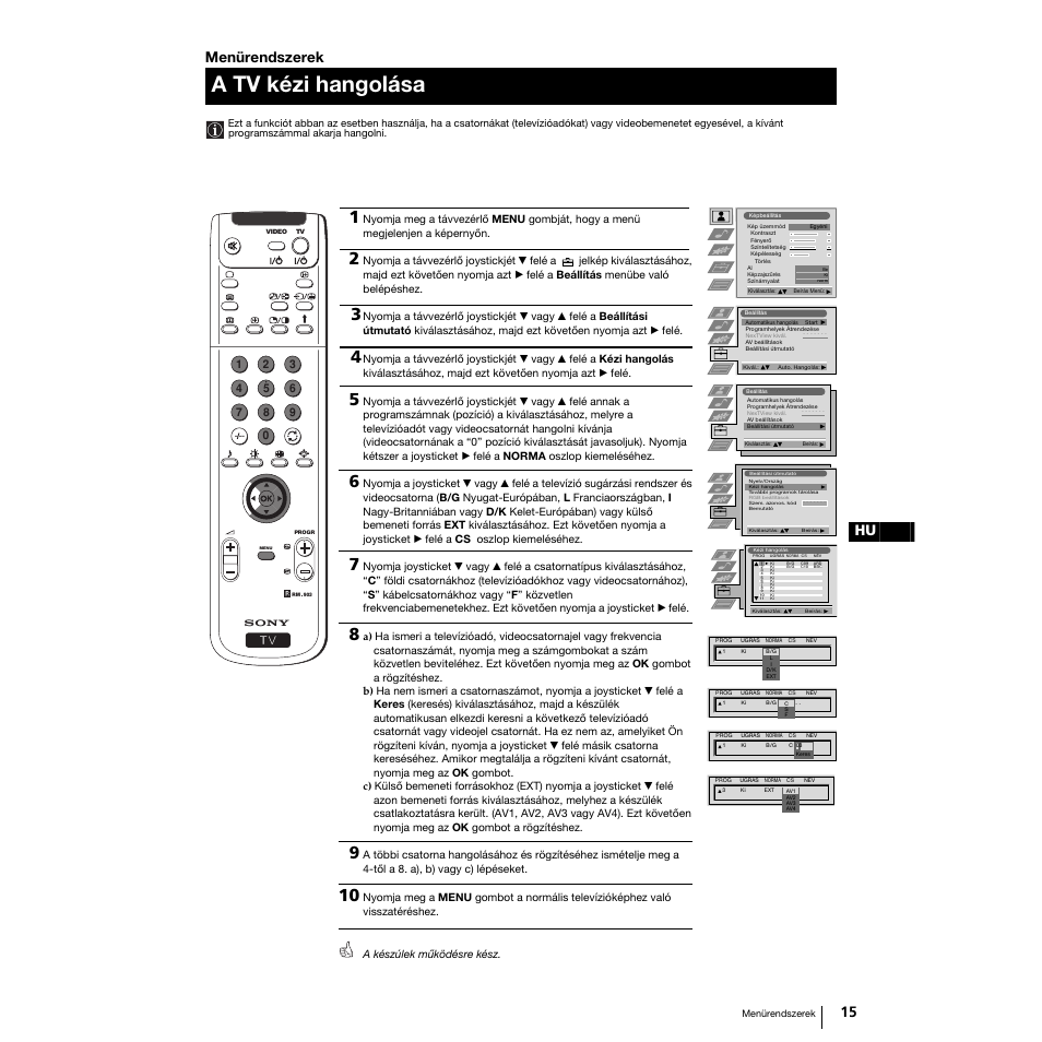 A tv kézi hangolása, 15 hu, Menürendszerek | Sony Grand Wega KF-50SX100K User Manual | Page 110 / 193