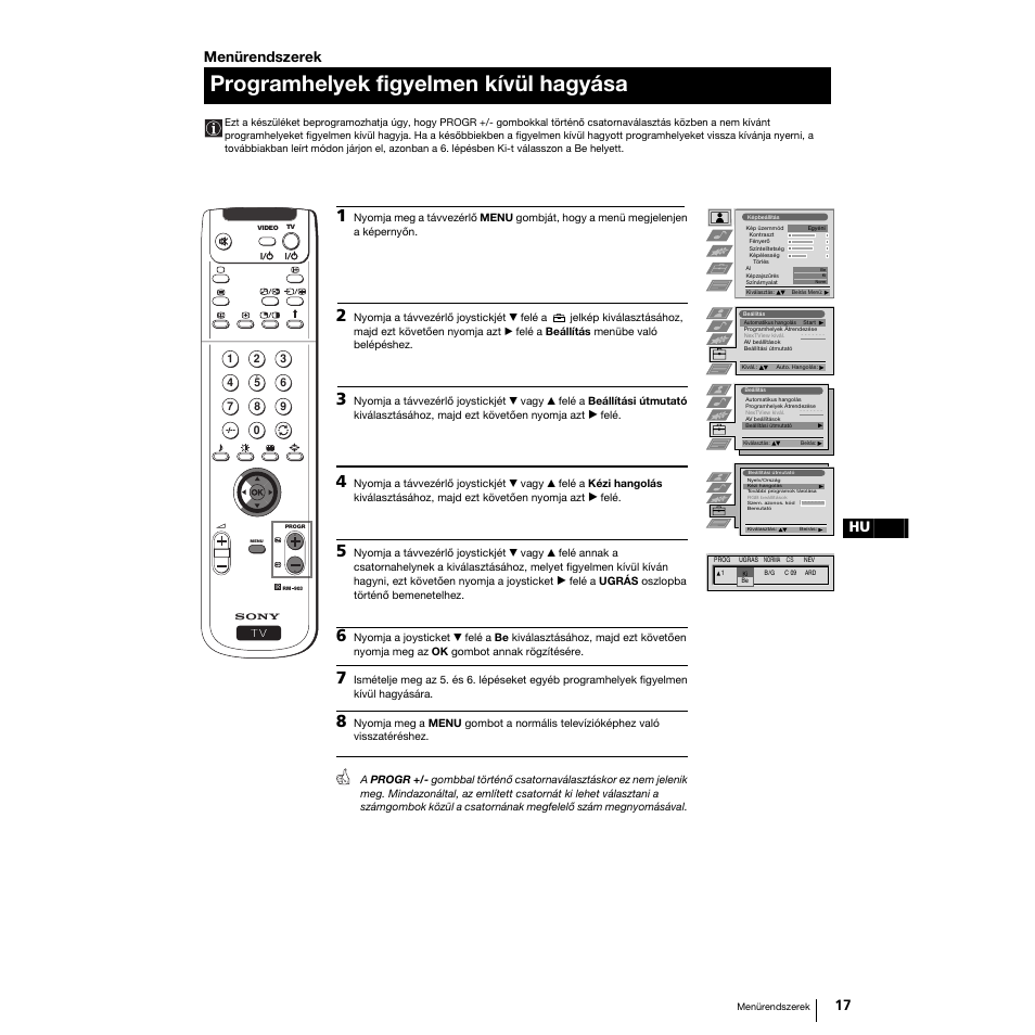 Programhelyek figyelmen kívül hagyása, 17 hu, Menürendszerek | Sony Grand Wega KF-50SX100K User Manual | Page 112 / 193