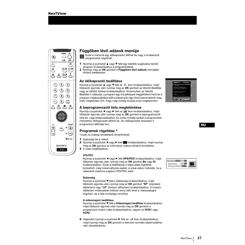 Függőben lévő adások menüje, 27 hu, Az időkapcsoló beállítása | A beprogramozott lista megtekintése, Programok rögzítése, Nextview | Sony Grand Wega KF-50SX100K User Manual | Page 122 / 193