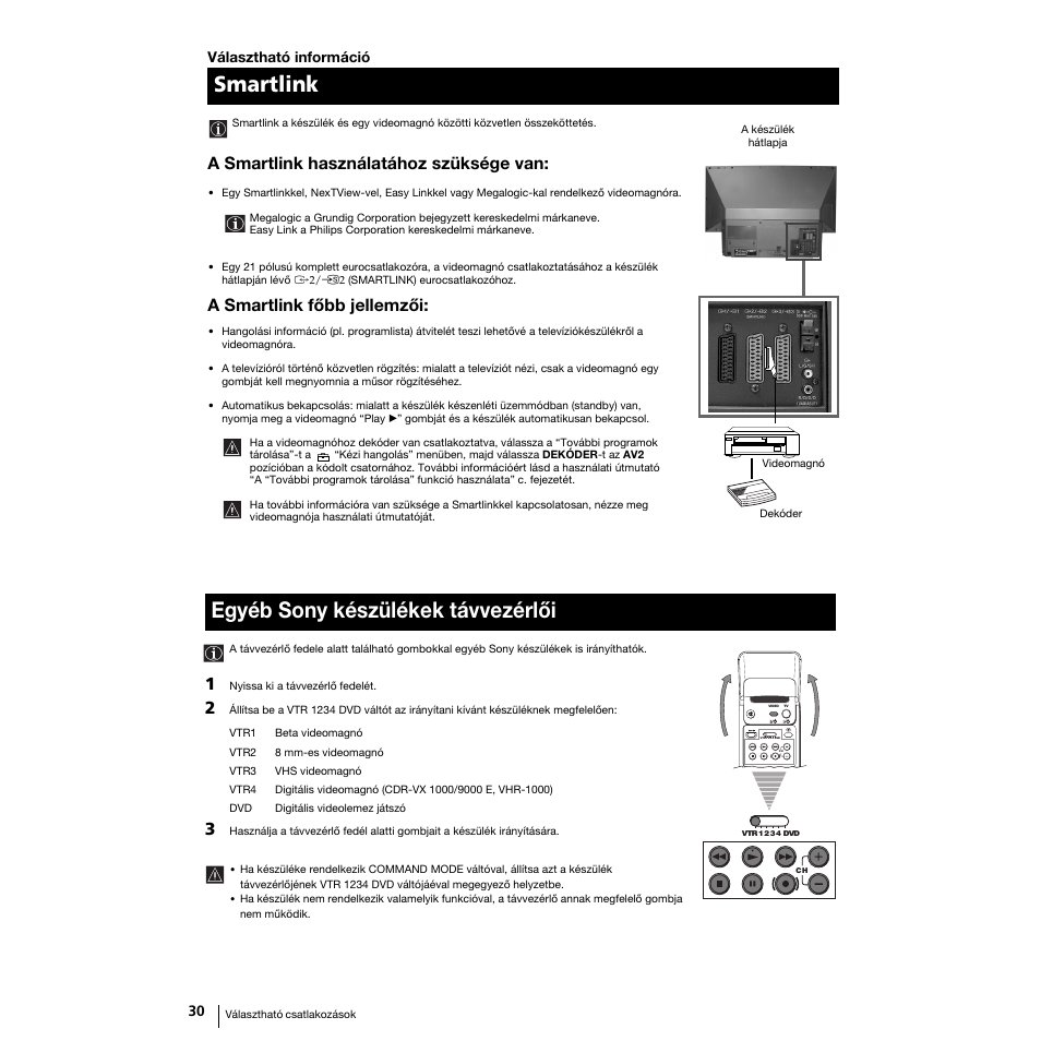 Smartlink, Egyéb sony készülékek távvezérlői, A smartlink használatához szüksége van | A smartlink főbb jellemzői | Sony Grand Wega KF-50SX100K User Manual | Page 125 / 193