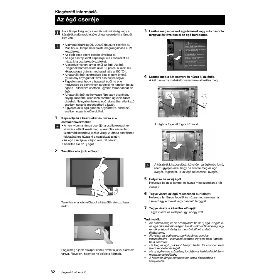 Az égő cseréje | Sony Grand Wega KF-50SX100K User Manual | Page 127 / 193