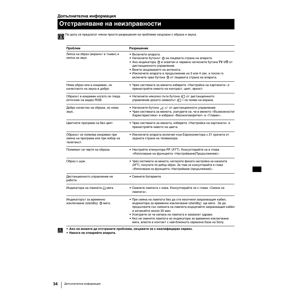 Oтcтpаняване на неизпpавнocти | Sony Grand Wega KF-50SX100K User Manual | Page 193 / 193