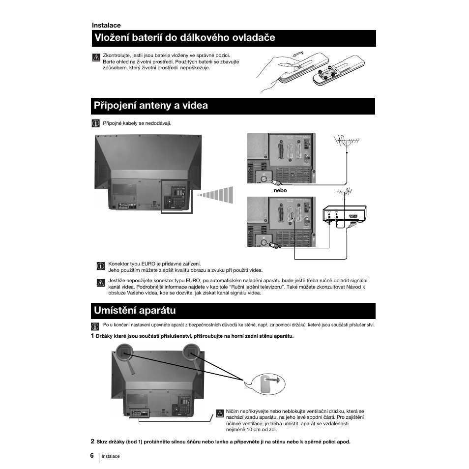 Vložení baterií do dálkového ovladače, Připojení anteny a videa, Umístění aparátu the set | Sony Grand Wega KF-50SX100K User Manual | Page 37 / 193