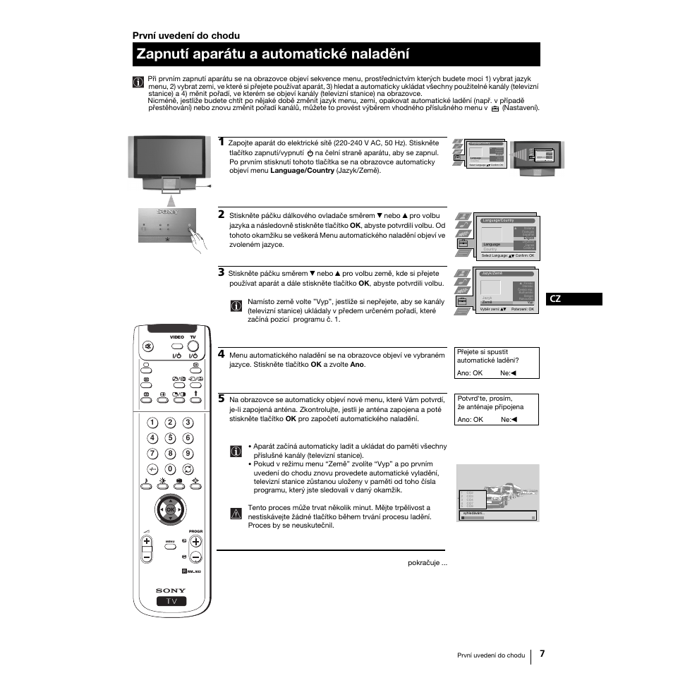 Zapnutí aparátu a automatické naladění, 7cz první uvedení do chodu | Sony Grand Wega KF-50SX100K User Manual | Page 38 / 193