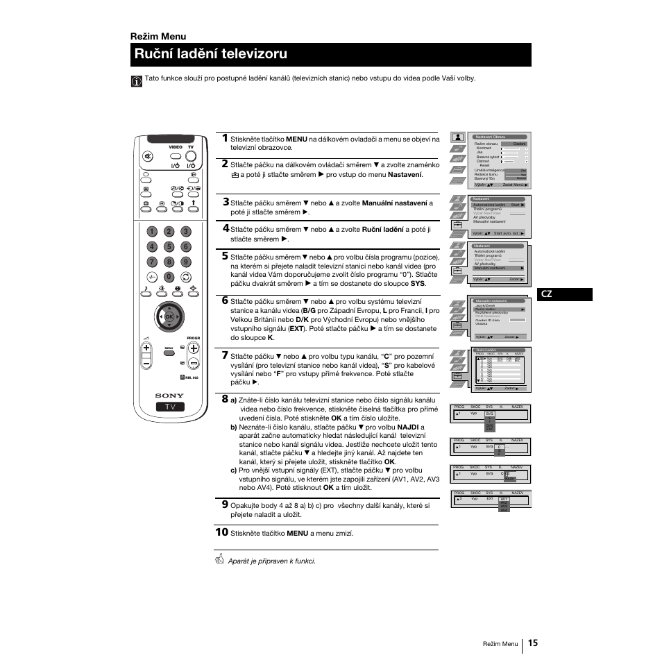 Ruční ladění televizoru, 15 cz, Režim menu | Sony Grand Wega KF-50SX100K User Manual | Page 46 / 193