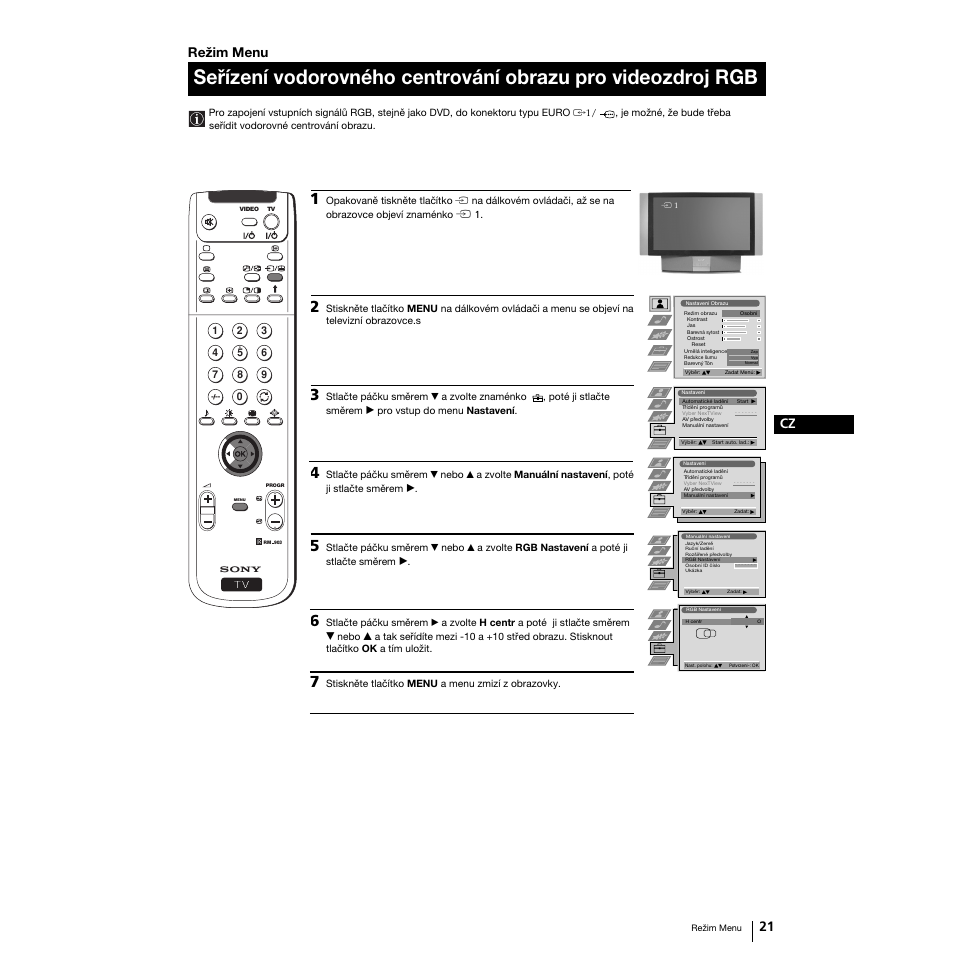 21 cz, Režim menu | Sony Grand Wega KF-50SX100K User Manual | Page 52 / 193