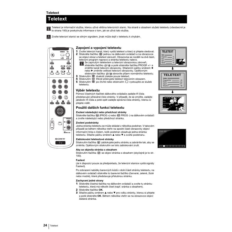 Teletext, Zapojení a vypojení teletextu, Výběr teletextu | Použití dalších funkcí teletextu | Sony Grand Wega KF-50SX100K User Manual | Page 55 / 193