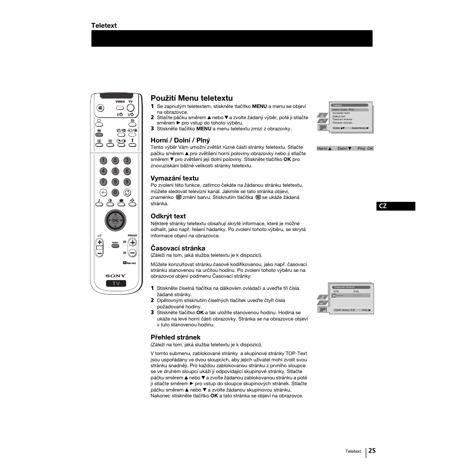 Použití menu teletextu, 25 cz, Horní / dolní / plný | Vymazání textu, Odkrýt text, Časovací stránka, Přehled stránek, Teletext | Sony Grand Wega KF-50SX100K User Manual | Page 56 / 193