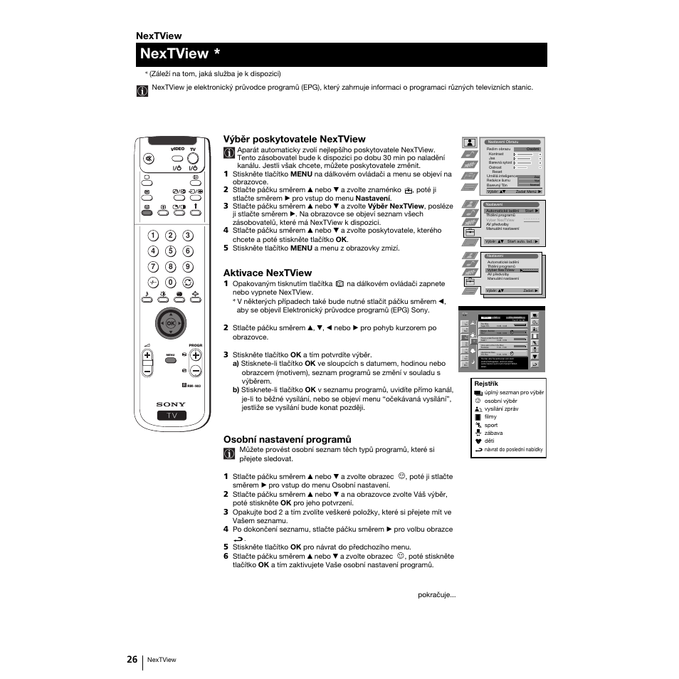 Nextview, Výběr poskytovatele nextview, Aktivace nextview | Osobní nastavení programů | Sony Grand Wega KF-50SX100K User Manual | Page 57 / 193