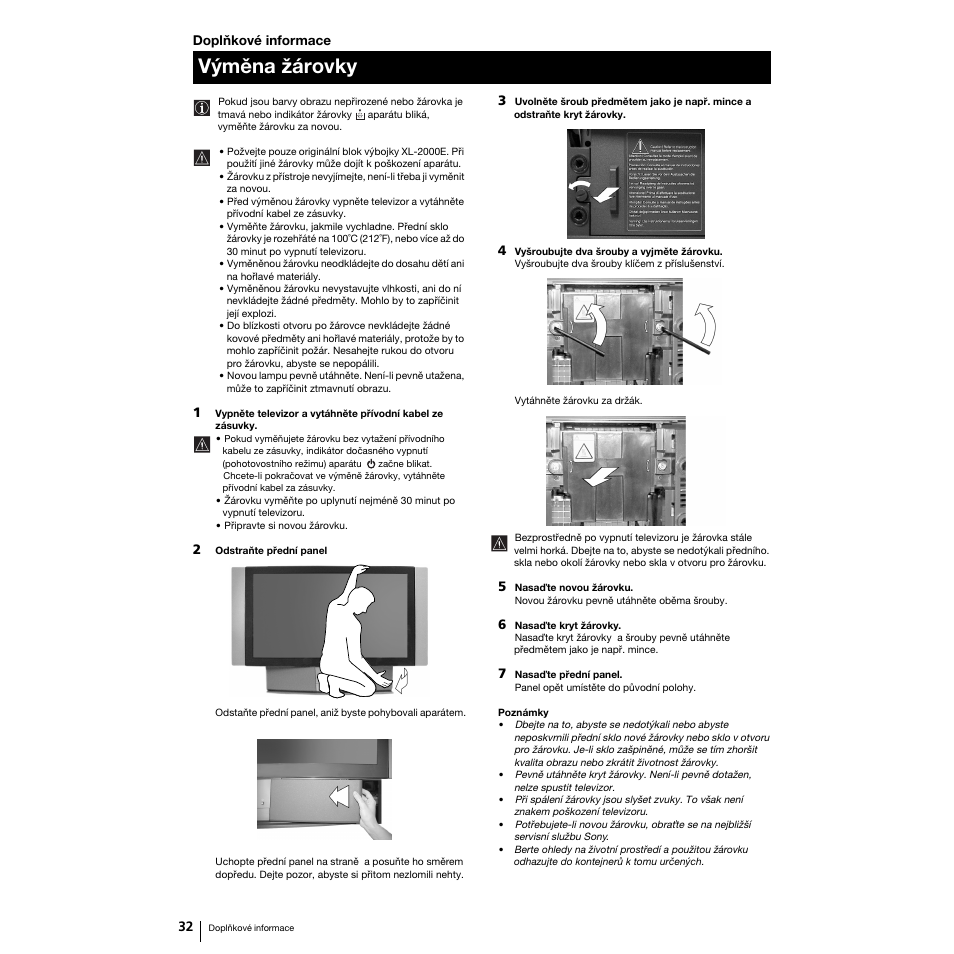 Výměna žárovky | Sony Grand Wega KF-50SX100K User Manual | Page 63 / 193