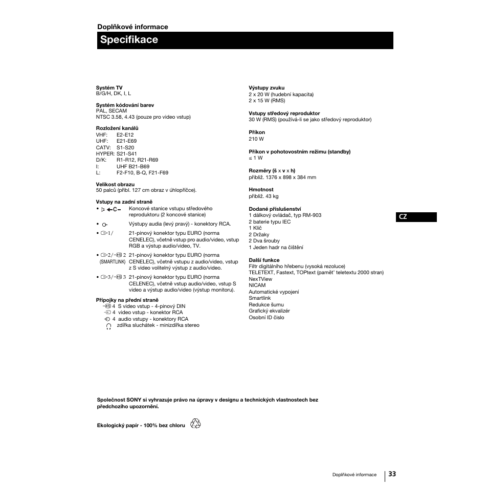 Specifikace | Sony Grand Wega KF-50SX100K User Manual | Page 64 / 193