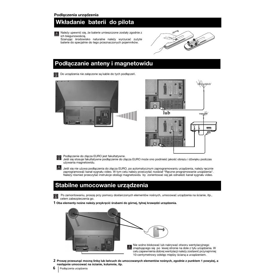 Wkładanie baterii do pilota, Podłączanie anteny i magnetowidu, Stabilne umocowanie urządzenia the set | Sony Grand Wega KF-50SX100K User Manual | Page 69 / 193