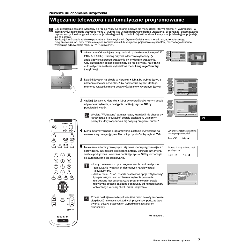 Włączanie telewizora i automatyczne programowanie, 7pl pierwsze uruchomienie urządzenia | Sony Grand Wega KF-50SX100K User Manual | Page 70 / 193