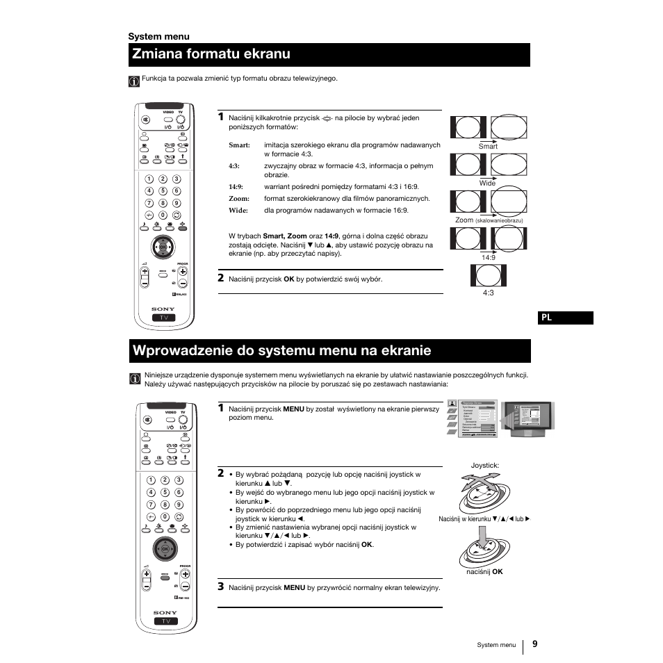 Zmiana formatu ekranu, Wprowadzenie do systemu menu na ekranie, System menu | Sony Grand Wega KF-50SX100K User Manual | Page 72 / 193