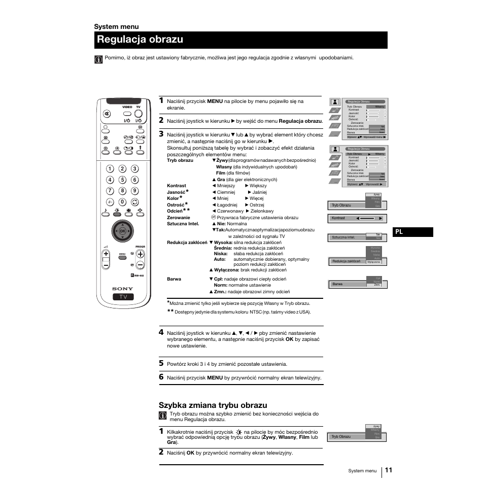 Regulacja obrazu, Szybka zmiana trybu obrazu, 11 pl | System menu | Sony Grand Wega KF-50SX100K User Manual | Page 74 / 193