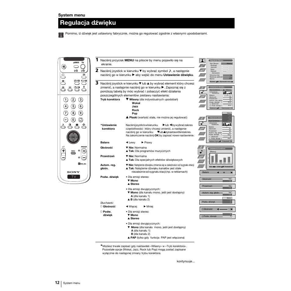 Regulacja dźwięku, System menu | Sony Grand Wega KF-50SX100K User Manual | Page 75 / 193