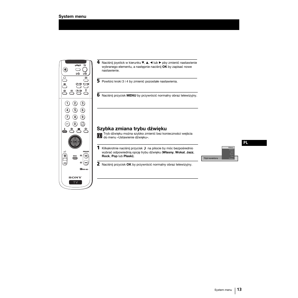 Szybka zmiana trybu dźwięku, 13 pl system menu | Sony Grand Wega KF-50SX100K User Manual | Page 76 / 193