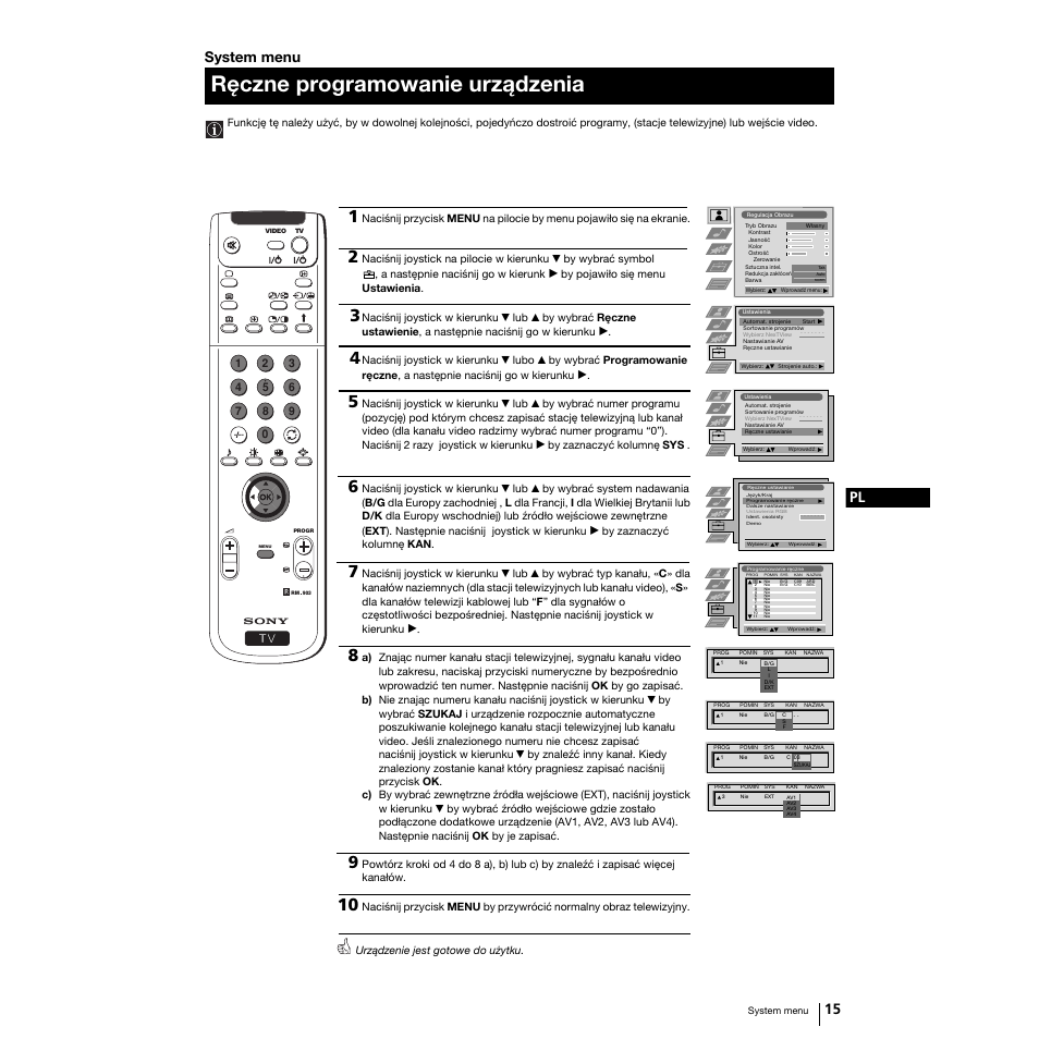 Ręczne programowanie urządzenia, 15 pl, System menu | Sony Grand Wega KF-50SX100K User Manual | Page 78 / 193