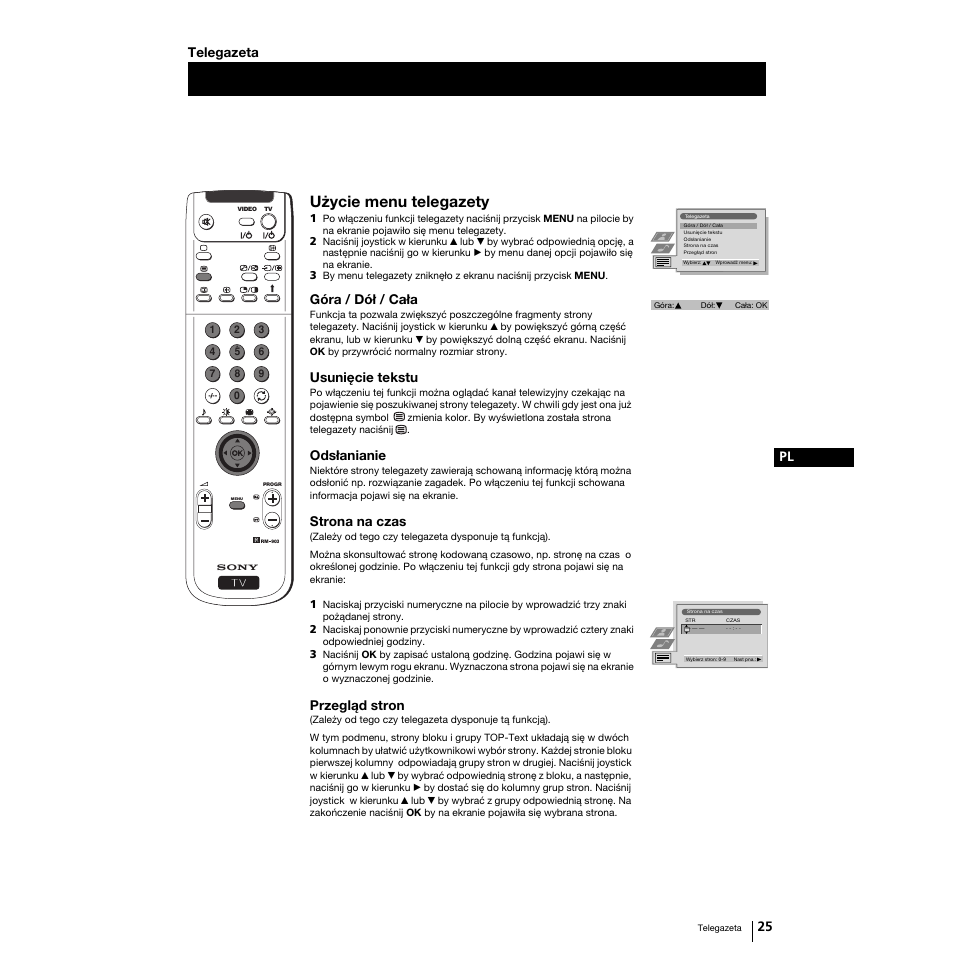 Użycie menu telegazety, 25 pl, Góra / dół / cała | Usunięcie tekstu, Odsłanianie, Strona na czas, Przegląd stron, Telegazeta | Sony Grand Wega KF-50SX100K User Manual | Page 88 / 193