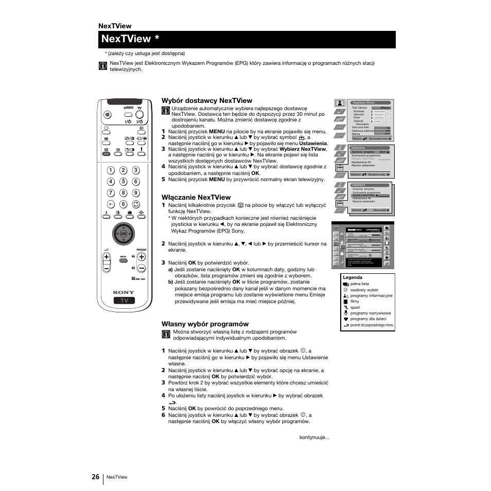 Nextview, Wybór dostawcy nextview, Włączanie nextview | Własny wybór programów | Sony Grand Wega KF-50SX100K User Manual | Page 89 / 193