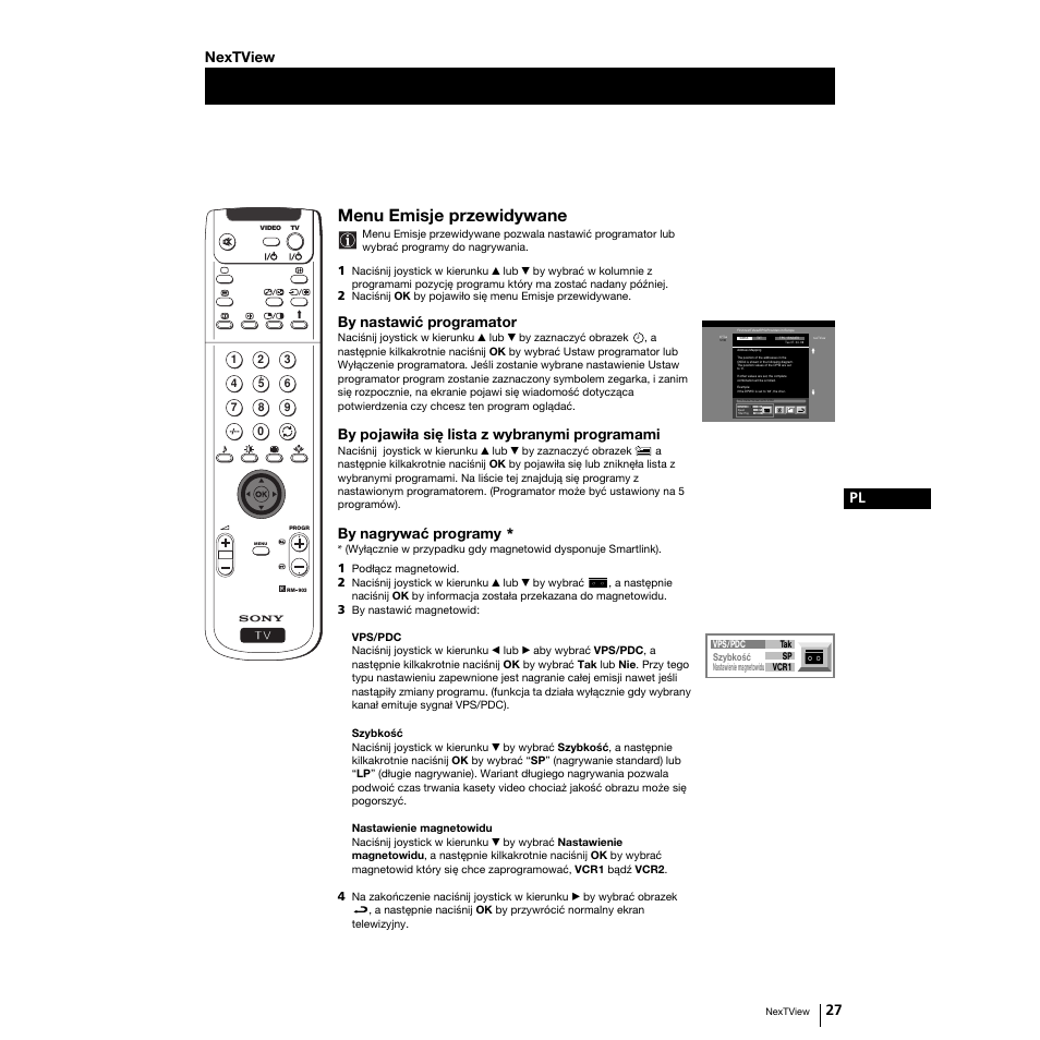 Menu emisje przewidywane, 27 pl, By nastawić programator | By pojawiła się lista z wybranymi programami, By nagrywać programy, Nextview | Sony Grand Wega KF-50SX100K User Manual | Page 90 / 193