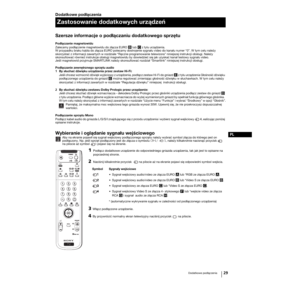 Zastosowanie dodatkowych urządzeń, Wybieranie i oglądanie sygnału wejściowego | Sony Grand Wega KF-50SX100K User Manual | Page 92 / 193