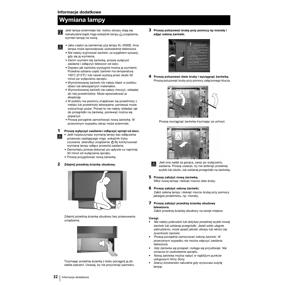 Wymiana lampy | Sony Grand Wega KF-50SX100K User Manual | Page 95 / 193